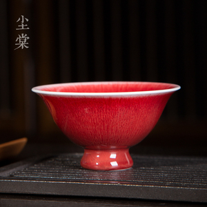 尘棠郎红釉主人杯撇口斗笠碗盏杯景德镇高温原矿茶具带拉丝牛毛纹
