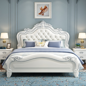 欧式全实木床雕花1.8米主卧室双人床奢华高箱白色公主床橡木婚床