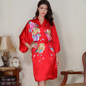 苏州丝绸桑蚕丝女睡衣外穿真丝睡裙宽松真丝睡袍大红牡丹开袍