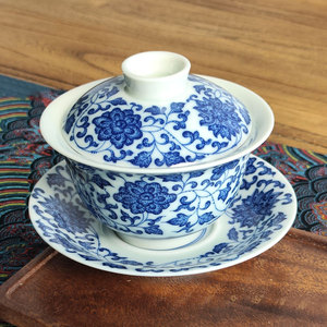 景德镇手工青花瓷缠枝莲三才盖碗茶杯个人家用茶具礼品