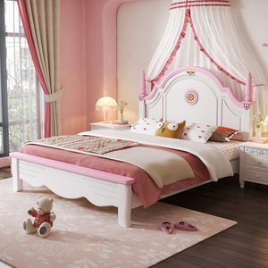 实木儿童床女孩公主床白粉色女童床1米2可爱女宝女孩房小户型卧室