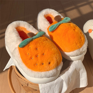 细细条 韩版ins可爱橘子棉拖鞋女冬季防滑厚底包跟保暖毛绒居家鞋