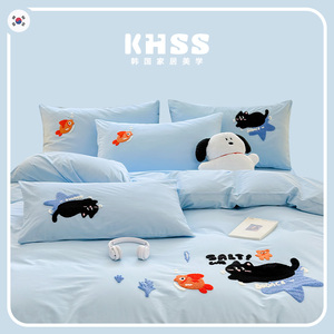 韩国KHSS春夏季新款卡通可爱风蓝色小猫咪全棉四件套纯棉床单被套