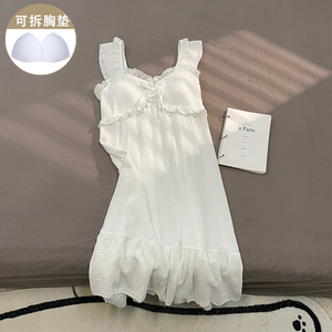 夏季日系甜美无袖吊带睡裙女薄款白色蕾丝花边纯棉纱布睡衣连衣裙