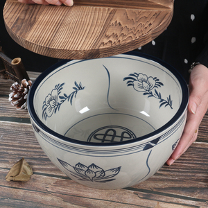创意老式手工陶瓷盆带盖调料盆钵钵鸡容器小号和面盆中式复古加厚