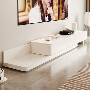 品友/伸缩电视柜客厅落地奶油风白色网红小户型白色简约整装地柜