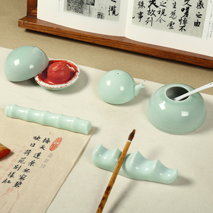 影青竹节镇纸 镇尺笔架毛笔砚滴/水滴/水丞 笔架山文房四宝笔搁