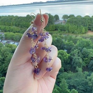 瀑布花~天然紫水晶碎石繁花仙女重工长款葡萄串耳环一对