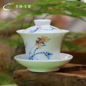 京德贵和祥陶瓷盖碗悠然荷下茶碗景德镇高端手绘茶具功夫茶三才碗