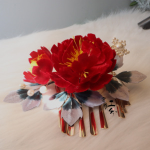 庭院工兮原创设计绒花牡丹簪子古风汉服结婚礼秀禾头饰发饰大红色