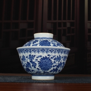 寒窑青花手绘缠枝莲盖杯茶碗盖碗茶杯 古玩古董陶瓷器仿古收藏品