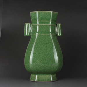 宋龙泉窑青绿釉贯耳方尊花瓶 古董古玩仿古老货陶瓷器收藏品摆件