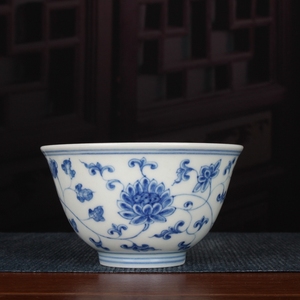 明成化青花缠枝莲花卉茶杯主人杯古玩古董陶瓷器仿古老货收藏摆件