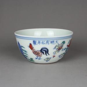 大明成化青花斗彩手绘鸡缸杯茶杯古玩古董陶瓷器仿古老货收藏品