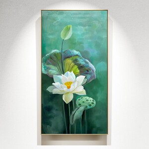 手绘油画中式荷花玄关装饰画简约竖版挂画客厅背景墙立体花卉壁画
