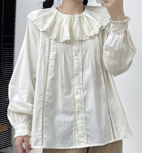 新款日韩女装纯色大荷叶领百褶全棉长袖衬衫娃娃衫宽松打底上衣