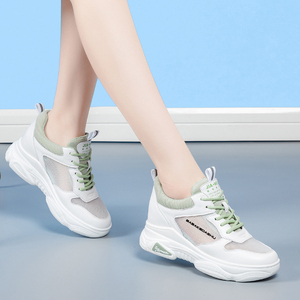 小白鞋女2021春夏季新款网面透气百搭真皮运动休闲厚底内增高女鞋