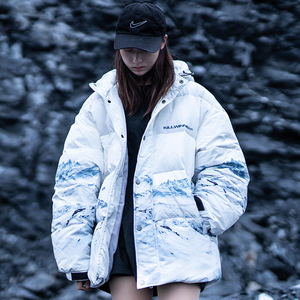 killwinner羽绒服男2020新款雪山印花宽松休闲情侣款棉服连帽外套