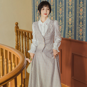 民国风复古女装秋冬气质名媛小洋装套装英伦风格子连衣裙文艺淑女