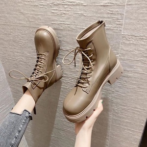 巨日女鞋短靴2022秋冬新款2353255薄绒低跟软底真皮后拉链带女靴