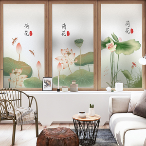 新中式水墨荷花玻璃贴纸推拉门防撞贴膜厨房窗户静电免胶磨砂透光