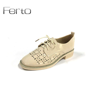 ferto菲尔图女鞋2018春季新品舒适透气镂空单鞋英伦风低跟女鞋