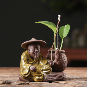 盆景假山姜太公钓鱼翁渔翁小摆件陶瓷微景观人物鱼缸装饰造景配件