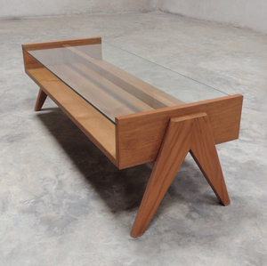 设计师复古昌迪加尔茶几原版复刻侘寂风中古实木家具方形玻璃茶桌