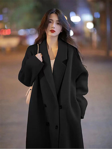 黑色双面羊绒大衣女小个子2023秋冬季新款高级感韩系羊毛呢子外套