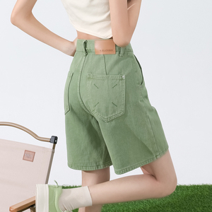 绿色牛仔短裤女夏季薄款美式五分裤高腰显瘦宽松a字阔腿5分中裤子