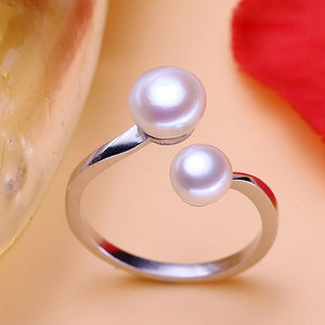 天然淡水珍珠戒指女 双珠可调节开口活口指环925纯银防过敏送礼品