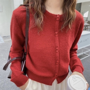红色羊绒开衫女圆领宽松外套宽松针织羊毛衫气质毛衣早秋新款上衣