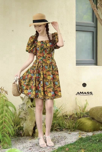 阿玛施商场同款5500516英国进口棉蘑菇印花泡泡袖打褶短连衣裙