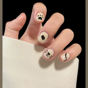 假指甲贴片可爱黑白手绘猫爪美甲穿戴甲新娘孕妇手工光疗成品甲片
