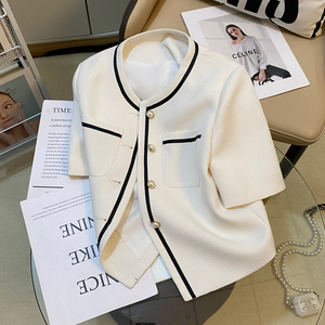 白色小香风短袖西装外套女2024夏季新品黑白撞色简约风时尚上衣潮