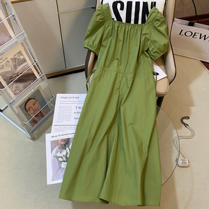 嫩绿色连衣裙女2024夏季新款时尚清新淑女收腰系带设计高级感长裙