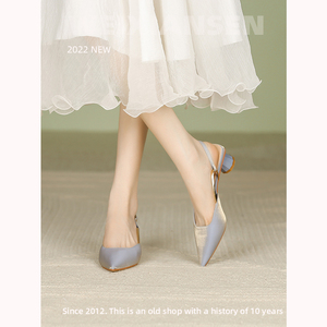 韩版高跟鞋女 蓝灰色伴娘鞋女 2024新款中跟单鞋女粗跟包头凉鞋女