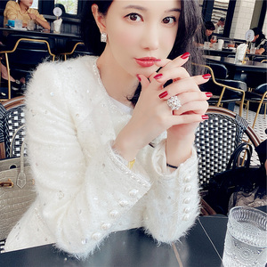 刘钰懿小个子亮片短外套女秋冬新款名媛设计感小众小香风外套白色