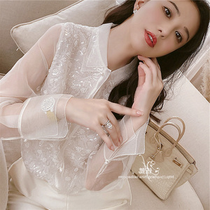 xyf刘钰懿美人白色气质时尚真丝欧根纱钉珠衬衣女秋透明长袖衬衫