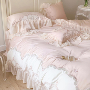 法式轻奢粉色全棉长绒棉床上四件套公主风纯棉刺绣蕾丝边被套床单