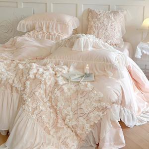 法式轻奢仙女粉色全棉长绒棉四件套公主风纯棉蕾丝边被套床单床品