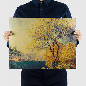 莫奈 萨利斯远望昂蒂布 传世油画海报 经典名画 复古牛皮纸装饰画