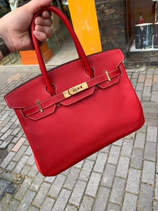 二手98新hermes爱马仕birkin30糖果红金扣铂金包手提女包