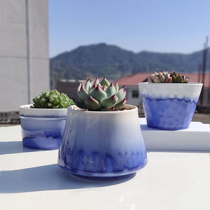 周大器新款简约花卉绿植多肉流釉花盆 陶瓷透气桌面蓝色冰裂盆栽