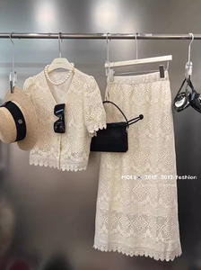 欧洲站2024夏季新款高级感时尚设计感蕾丝镂空上衣半身裙两件套潮