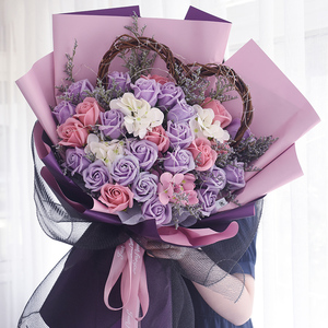 玫瑰香皂花束森系手捧花永生仿真粉白玫瑰520情人节节礼物送女友