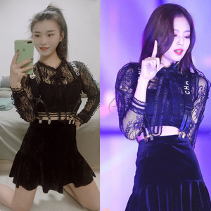 韩舞女团jennie金智妮同款爵士舞蹈演出服黑色蕾丝套装ds舞打歌服