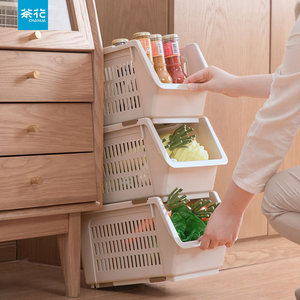 茶花厨房收纳筐塑料家用厨房置物篮水果零食蔬菜杂物台面架窄款