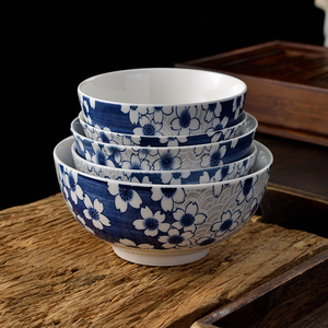 中式复古陶瓷印花吃饭家用饭碗汤碗餐具4.5英寸6加厚面碗10个装碗