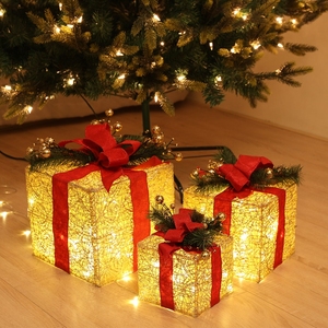 圣诞节装饰品大号发光带灯礼物盒三套装商场酒店场景布置金色红色